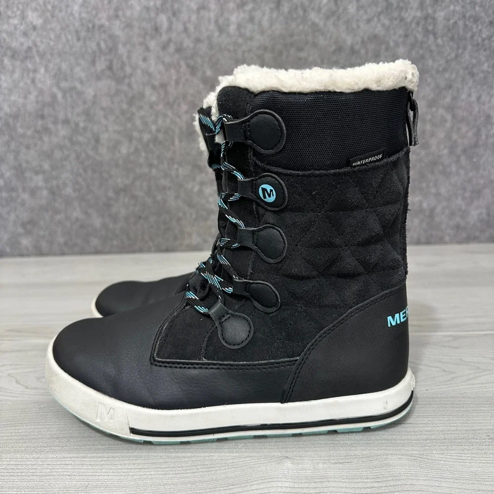 Merrell‎ Heidi Waterproof Boots Kids 3M Black Quilted Faux Fur Winter Snow
